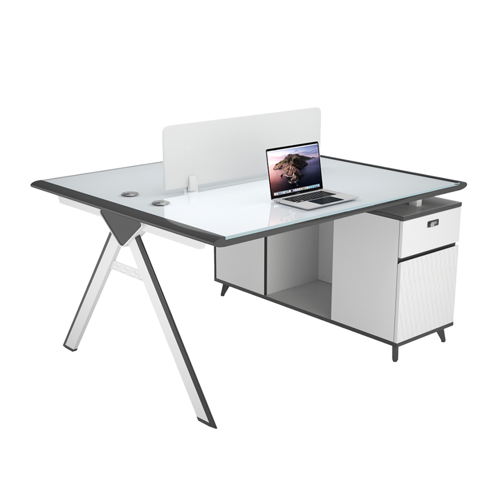 WORKSTATION DE 2/P MODELO PETER DE VIDRIO BLANCO CON GRIS(120*120*75CM)
